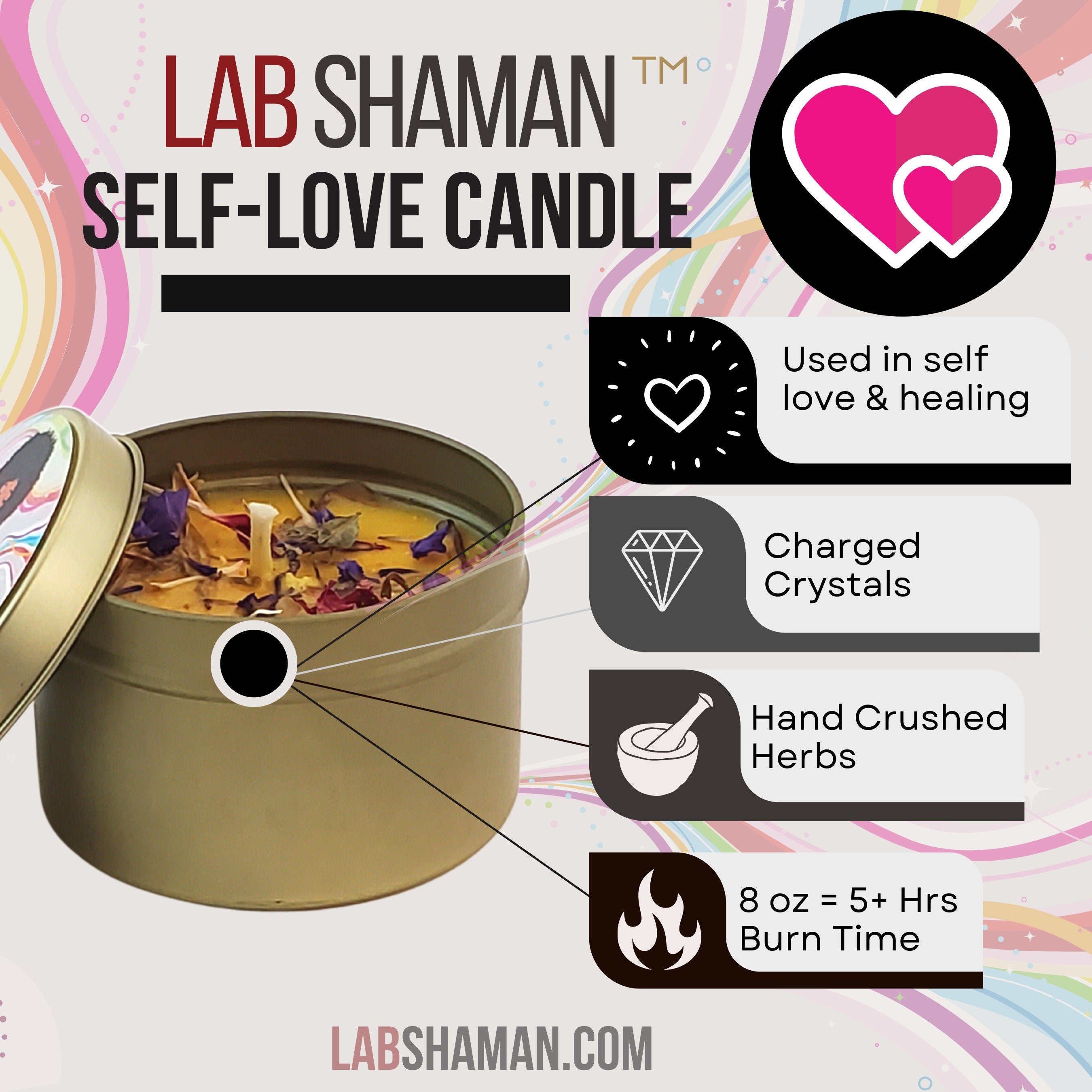 Selflove candle, self-love candle, love candle, self care, self maintenance, happy candle, bring joy candle, citrus candle, rose candle, LAB Shaman, Lacye, Moon candle, Altar Candle, Altar supplies, art of the root, lab shaman, lacye