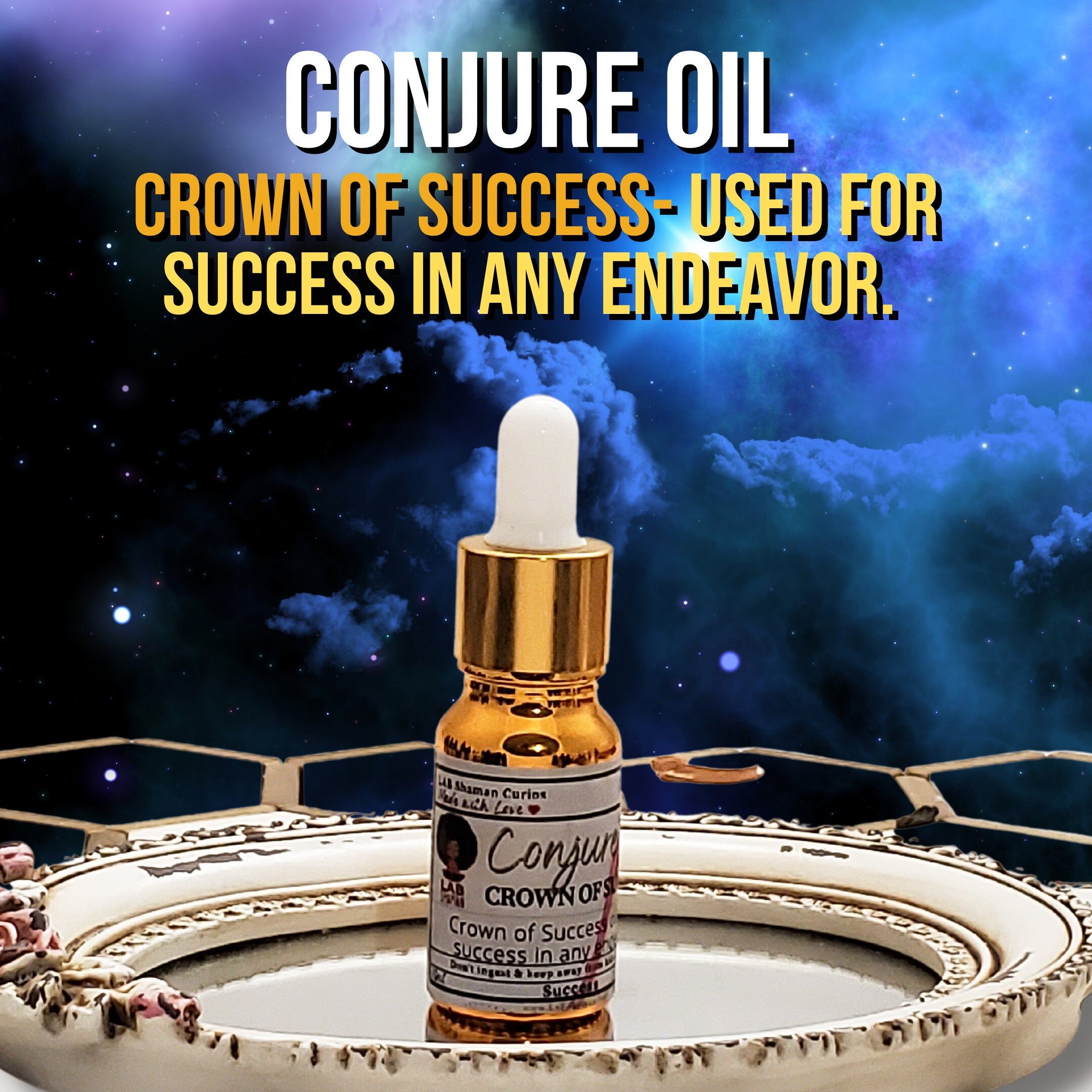 Crown of success oil , conjure oil, hoodoo oil, like art of the root, spell oil, anointing oil, witchcraft oil, hoodoo supplies, intention oil, ritual oil, altar oil, protection oil, blessing oil, magic oil, curios, van van oil, witch oil.