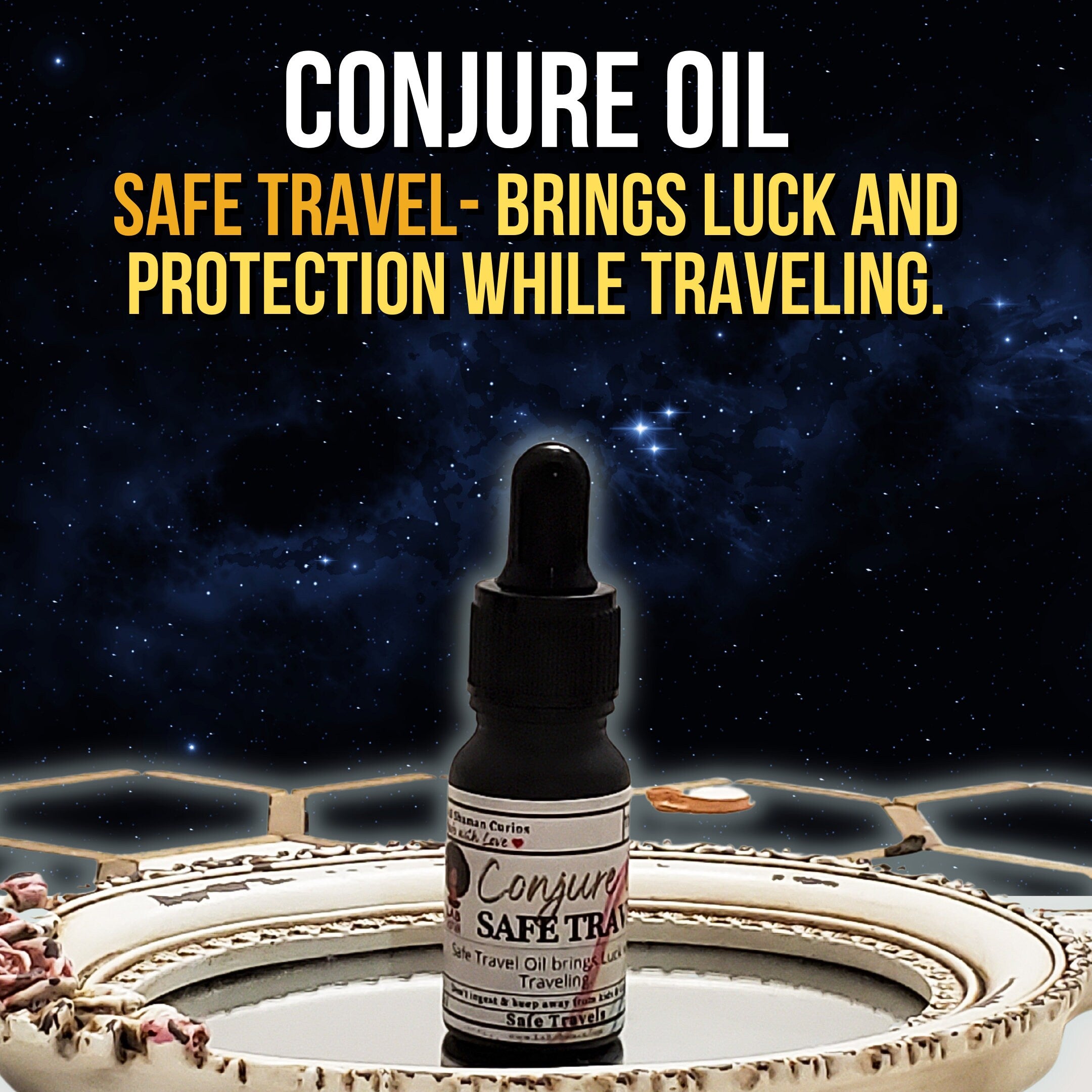 Safe Travel, conjure oil, hoodoo oil, like art of the root, spell oil, anointing oil, witch oil, hoodoo supplies, intention oil, ritual oil, altar oil, protection oil, magic oil, curios, remove negative, witch body oil, like lucky mojo.