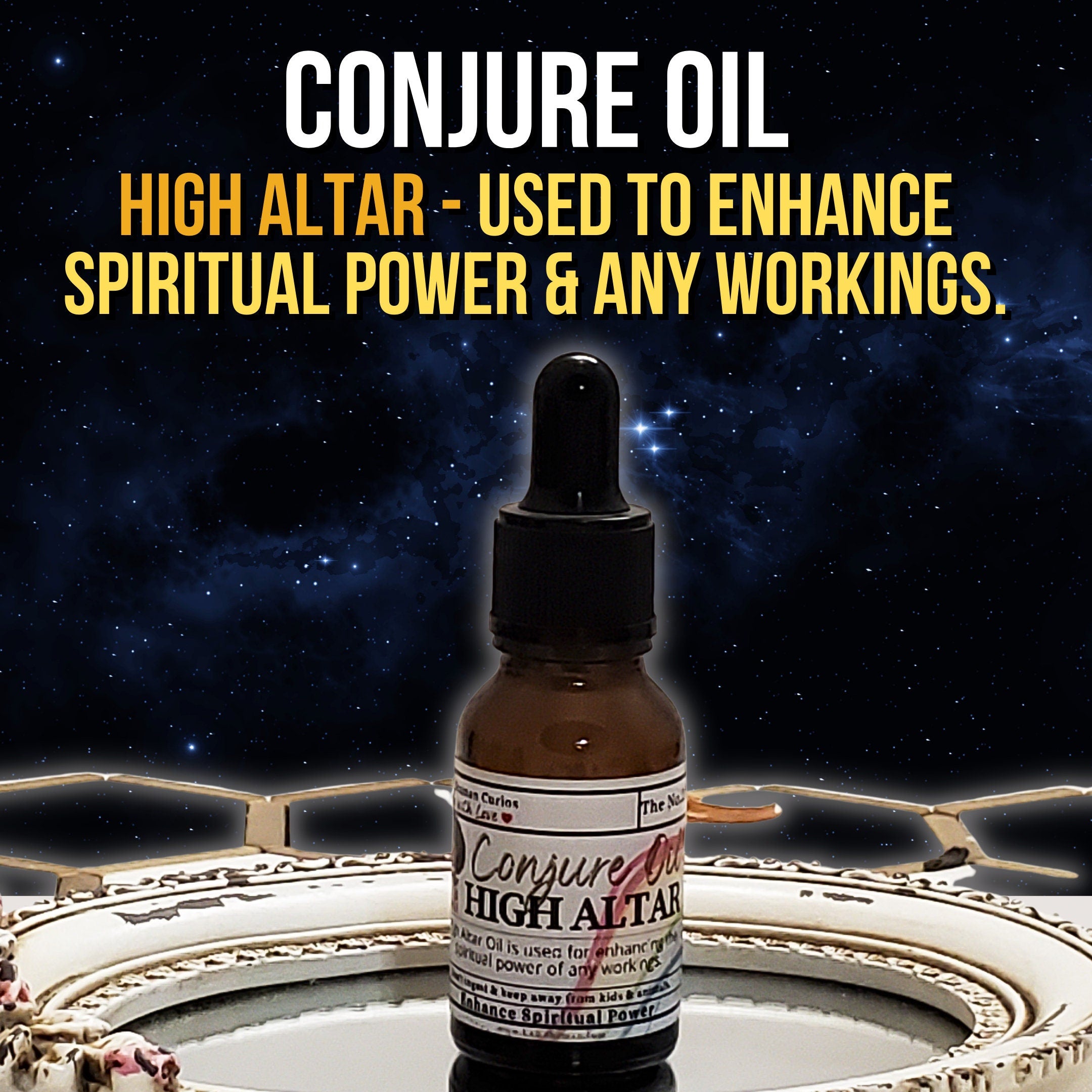 High Altar oil, spiritual power, conjure oil, hoodoo oil, like art of the root, spell oil, anointing oil, witch oil, hoodoo supplies, intention oil, ritual oil, altar oil, protection oil, magic oil, curios, witch body oil, lucky mojo.