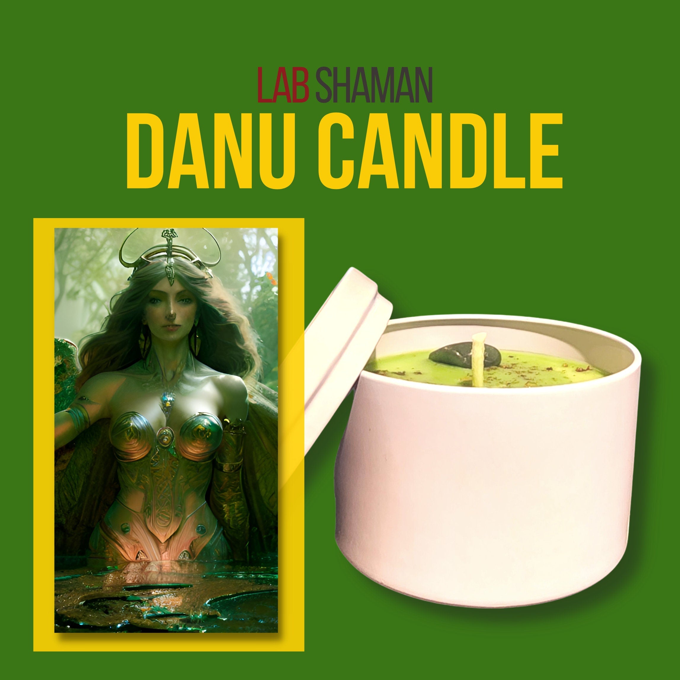 A Danu candle, emitting soft light, adorned with a green quartz crystal. It represents Danu, the Celtic Mother Goddess, infusing the space with fertility, abundance, and serenity. lab shaman
