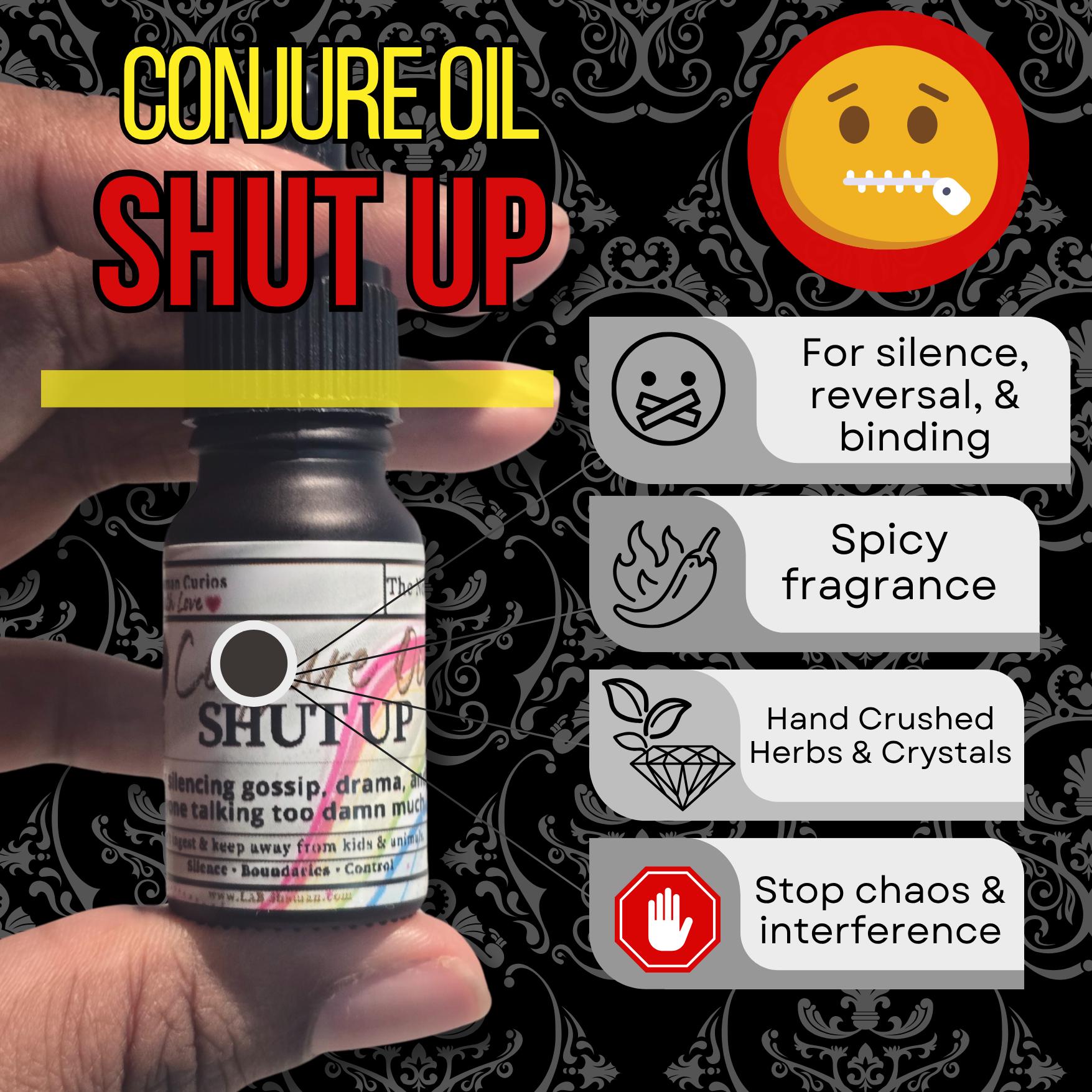 LAB Shaman, Chat gpt, hoodoo, conjure oils, spells, witch, altar, shut up oil, silence oil, gossip stopper oil, spiritual binding oil, black pepper camphor oil, hoodoo shut up spell, reverse talk oil, stop enemies oil, lab shaman conjure, protection silence oil
