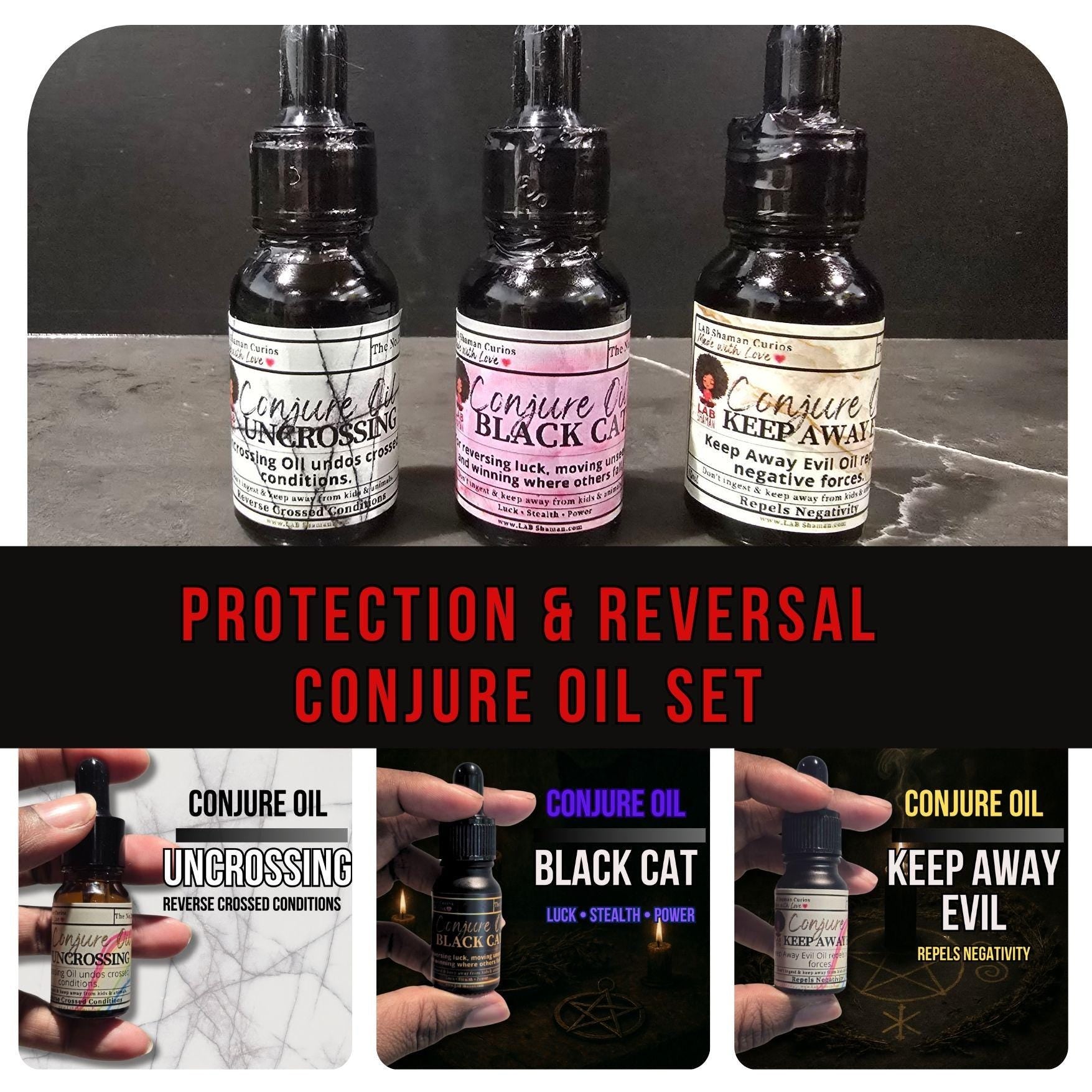 LAB Shaman, Art of the Root, Protection Reversal Kit, Conjure oil, hoodoo, remove hex, protection oil, reversal oil, uncrossing oil, banishing oil, conjure oil set, spiritual protection, energetic clearing, rootwork oils, hoodoo oils, ritual oil trio, keep away evil oil, black cat oil, spell oil kit, spiritual bath oil, candle dressing oil, anointing oil, mojo bag oil, floor wash oil, return to sender oil, metaphysical oil, spiritual gift set,