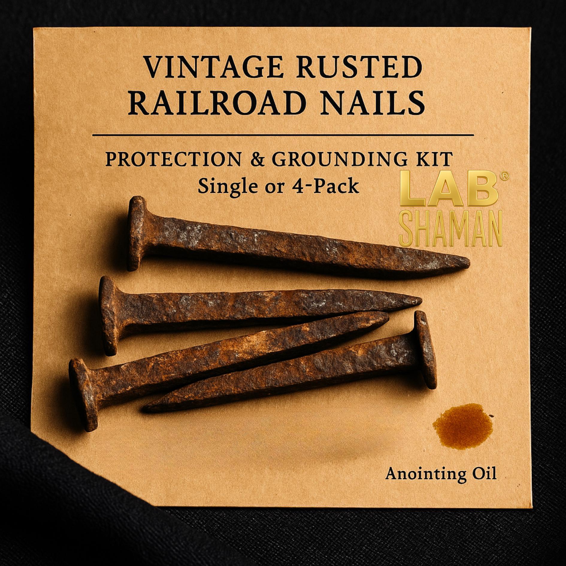 Vintage Rusted Railroad Nails | Hoodoo Protection & Grounding Kit Single or 4-Pack | Warding Iron | Rootwork Conjure Tool | LAB Shaman, protection nails, hoodoo nails, railroad nail hoodoo, warding iron, rusted railroad spike, conjure tools, spiritual protection, home warding, rootwork nail, lab shaman, mojo bag protection, nail down ritual, grounding nail, hoodoo supplies, anointed nail, vintage iron nail, spiritual defense, florida water blessed, conjure kit, metaphysical protection