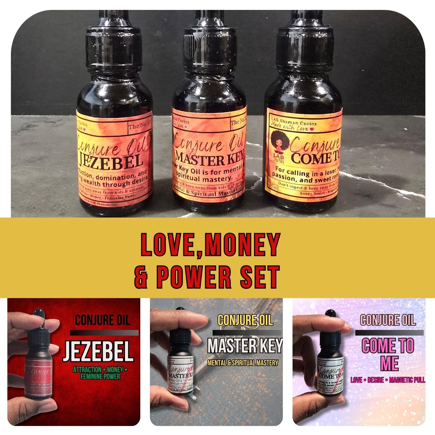 Love, Money & Power Conjure Oil Set  | Gift | Jezebel | Master Key | Come to Me | LAB Shaman
