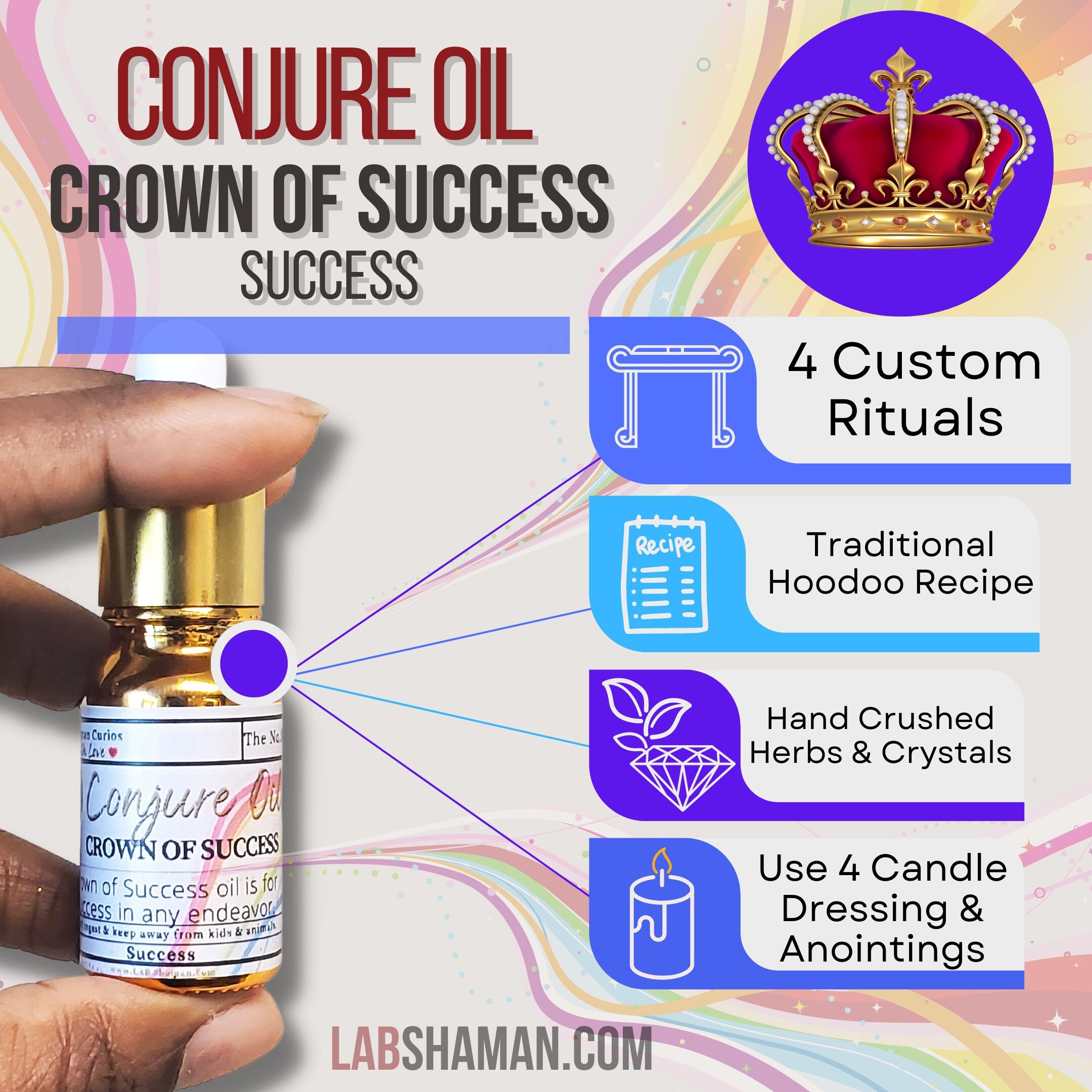 Crown of success oil , conjure oil, hoodoo oil, like art of the root, spell oil, anointing oil, witchcraft oil, hoodoo supplies, intention oil, ritual oil, altar oil, protection oil, blessing oil, magic oil, curios, van van oil, witch oil.
