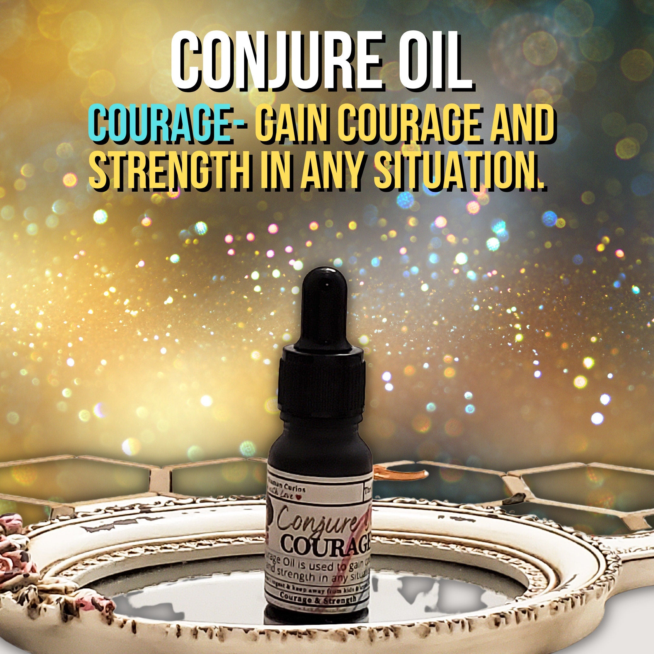 Courage oil, conjure oil, hoodoo oil, like art of the root, spell oil, anointing oil, witchcraft oil, hoodoo supplies, intention oil, ritual oil, altar oil, protection oil, blessing oil, magic oil, curios, van van oil, witch oil.