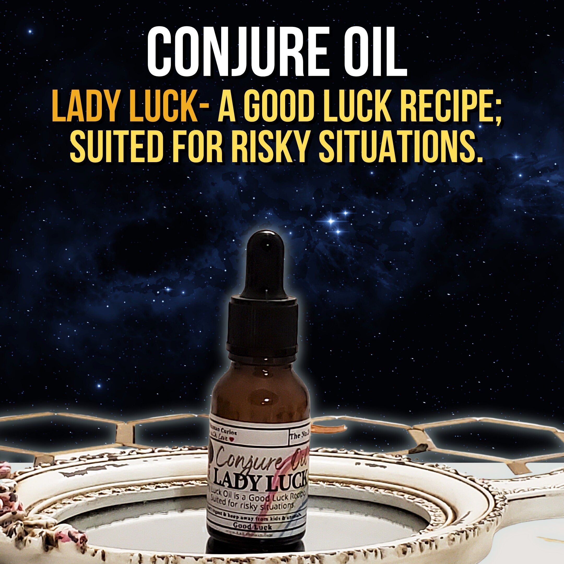 Lady Luck oil, Good luck oil, conjure oil, hoodoo oil, like art of the root, spell oil, anointing oil, witch oil, hoodoo supplies, intention oil, ritual oil, altar oil, protection oil, magic oil, curios, remove negative, witch body oil, lucky mojo.
