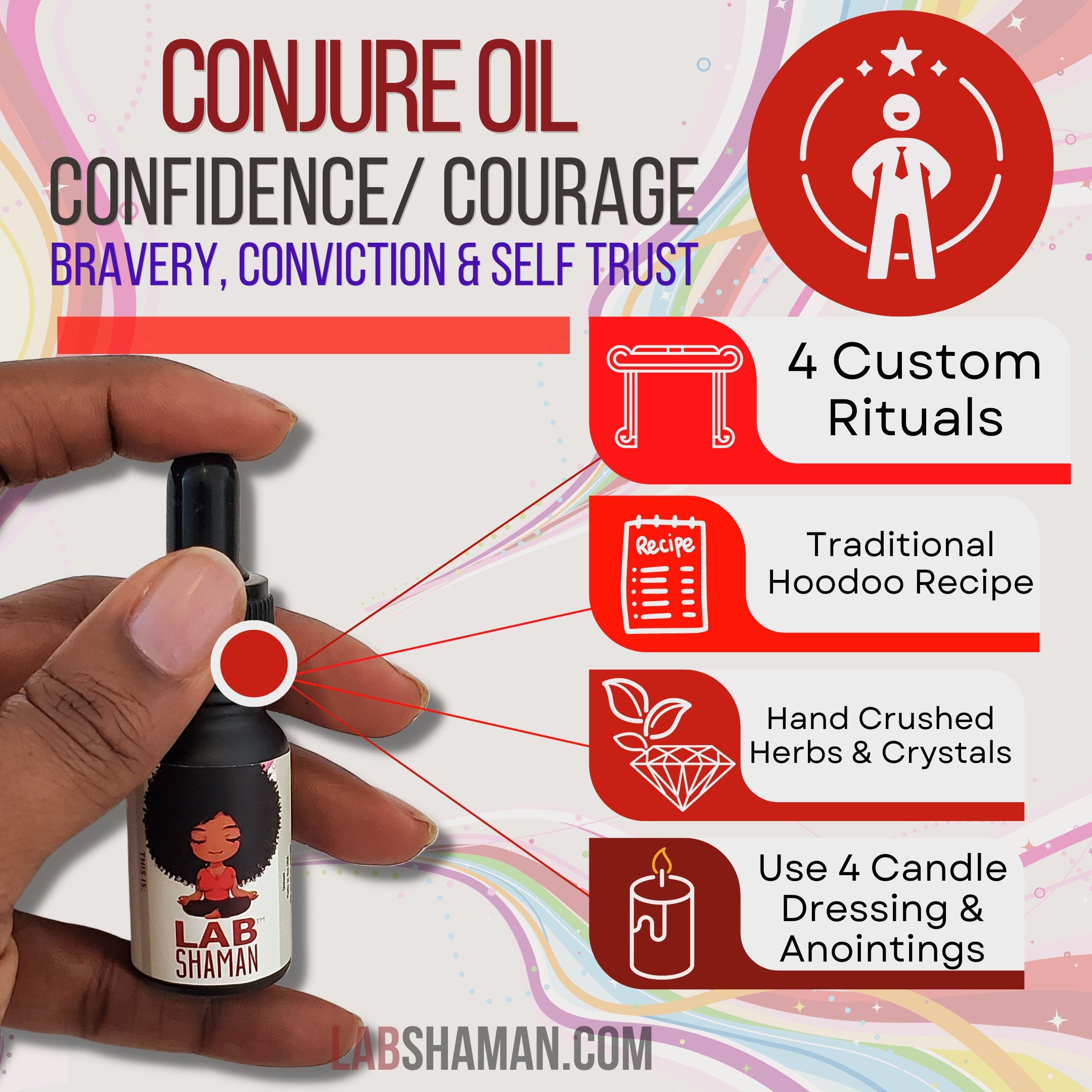 Confidence & Courage, conjure oil, hoodoo oil, like art of the root, spell oil, anointing oil, witchcraft oil, hoodoo supplies, intention oil, ritual oil, altar oil, protection oil, blessing oil, magic oil, curios, remove negative, witch oil.