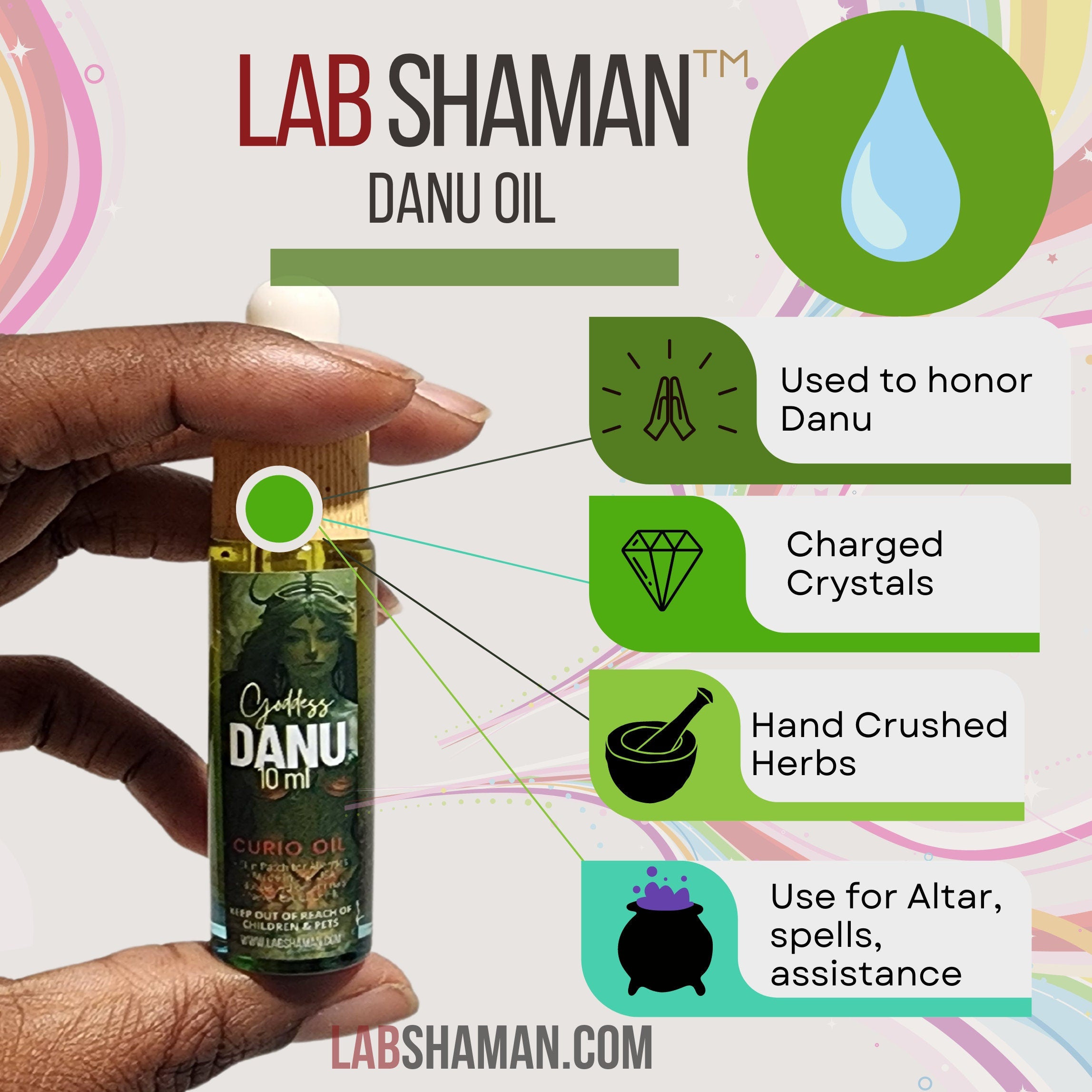 LAB Shaman&#39;s Danu Oil, encased in a glass vial, symbolizes fertility and abundance. With a clear green quartz, the oil reflects the essence of Danu, the Celtic Mother Goddess.