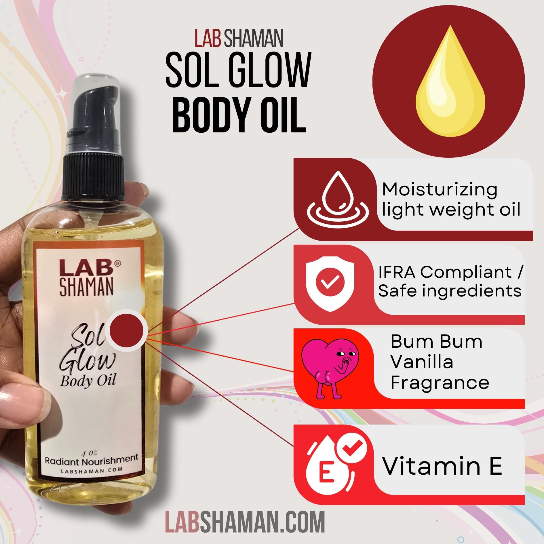 Body Oil	, Scented Body Oil, black owned,  body oil, Bum Bum, Vanilla, LAB Shaman, 	Sol Glow, Sweet Body Oil, Bum Bum Dupe